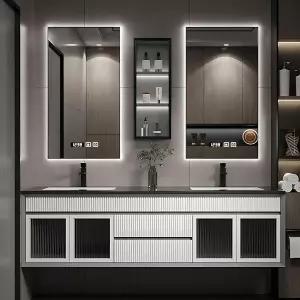 싱크대가 있는 ZGNBSD 욕실 배니티 모던 더블 싱크 캐비닛 및 LED 디포그 미러 벽걸이 다층 솔리드 우드