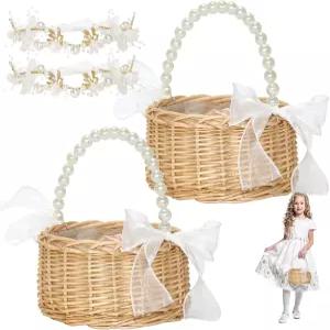 2세트 위커 플라워 걸 바구니 헤드피스 진주 손잡이가 달린 윌로우 핸드보브 및 활 요정 꽃 웨딩 헤어