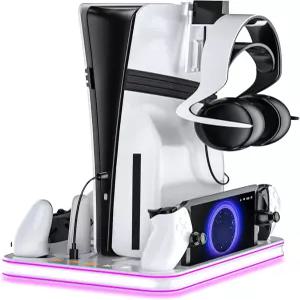 AurassenseECSL 소니 플레이스테이션 5용 호환모든 에디션 충전 도크 LED 표시등 헤드셋 홀더 보호 화이트