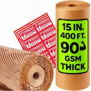 에코4플랜 벌집 포장지 90 GSM 생분해성 포장재 15인치 x 400인치 이동지 + 깨지기 쉬운 스티커 30개 종이