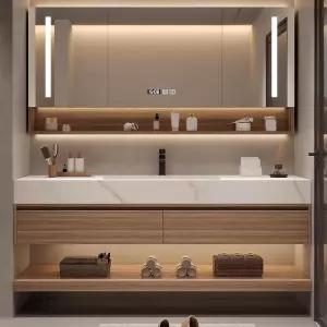 싱크대가 있는 Kmnub 36인치 욕실 세면대 플로팅 솔리드 우드 비주얼 멀티존 수납장 스마트 디포깅 미러