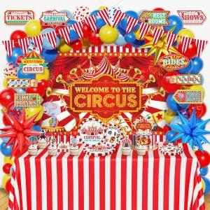 카니발 서커스 파티 장식 풍선 갈랜드 아치 키트 생일 용품 호일 접시 냅킨 세트 배경 배너 케이크 토퍼