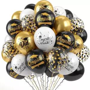 파레이디 졸업 풍선 세트 60개의 블랙 골드 GRAD 프린트 12인치 메탈릭 화이트 색종이 파티 장식 용품