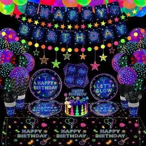 240팩 글로우 파티 용품 네온 식기 세트 풍선 인 더 다크 해피 생일 접시 배너 걸이 블랙라이트 장식용