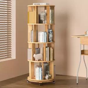 IUNVR 회전 책장 바퀴가 달린 4단 원목 작은 공간을 위한 360° 원형 수직 모서리 침실 홈 오피스 내추럴