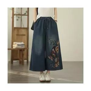 여자 캐주얼 데님스커트 빈티지 칠부 바지 와이드 스커트 봄 빅사이즈 하이웨스트 자수 데님 SPO마켓1