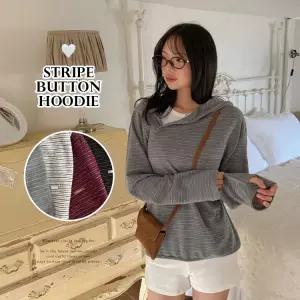 글리비 시스루스트라이프 밑단 팬던트 버튼point 언발사선 후드 티셔츠