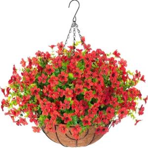 하이플로라 인공 매달린 빨간 식물들이 야외 가을 겨울 크리스마스를 위한 꽃 바구니 가짜 실크 데이지