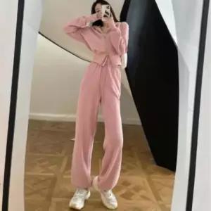 여성 일상용 루즈핏 크롭 후드 트레이닝 세트