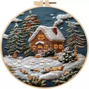초보자를 위한 FONNUI 크리스마스 자수 키트 크로스 스티치 세트 겨울 스노우 하우스 장면 어른을 소나무