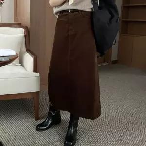 겨울 벨벳 트임 골덴 롱 스커트 캐주얼 슬림핏 날씬 IUV8+5Dgm