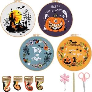 할로윈 자수 키트 호박 크로스 스티치 사전 인쇄 원단 후프 단계별 지침 색상 실 및 바늘이 포함된