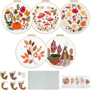 초보자를 위한 추수감사절 가을 자수 키트 5세트 스타터 버섯 메이플 크로스 스티치 바늘 포인트 포함 지침