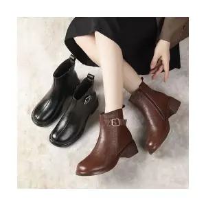 여성용 캐주얼 가을 빈티지 버클 소가죽 워커힐 앵글 부츠 지퍼 슈즈 라이더 진가죽 워커 BE3