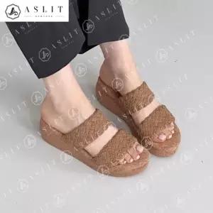 [애슬릿] 격자 짜임 투 스트랩 우븐 웨지 힐 슬리퍼 뮬