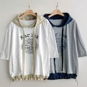 [신상오픈런]여성 캐주얼 프린트 배색 후드 스트링 반팔 티셔츠 (35836120)