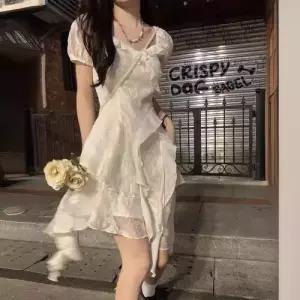 여사친 원피스 화이트 쉬폰 프렌치 티 휴식 첫사랑 언밸런스 프릴 여신기초센센계 해변 바캉스 ST1