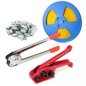 폴리 스트래핑 텐셔너 및 커터 수동 밴딩 실러 도구 세트 PP 플라스틱 키트 4000인치 길이 금속 씰 100개