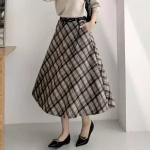 [신상오픈런]여성 가을 하객 패션 체크 벨트 플레어 롱 스커트 (41315870)