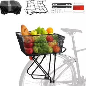 바구니가 있는 YEEGO DIRECT 후방 자전거 랙 조절 가능한 탈착식 바구니 26L 방수 커버 및 카고 네트가