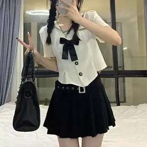 아이보리 퍼프절개 반팔 버클치마 세라복 세트