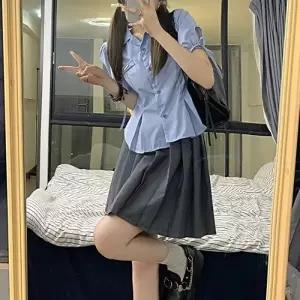 스카이블루 핀턱 리본 반팔 블라우스 세라복 세트