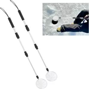 Acellegic 2개 접이식 얼음 낚시 스쿱 스키머 긴 손잡이가 달린 휴대용 스테인리스 슬러시 스푼 빠른 홀