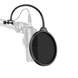 BOILUZIO 프리미엄 마이크 팝 필터 - 향상된 오디오 녹음을 위한 유연한 구스넥 마운트를 갖춘 프로페셔널 사운드 쉴드, 블루 예티, 스노우볼 등과 호환되며 블랙, BO2024MPF-15B