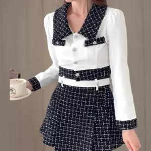 [신상오픈런]여성 가을 하객 패션 트위드 배색 카라 크롭 큐빅 버튼 자켓 (40723906)