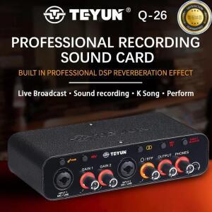 2024 TEYUN Q26 2채널 전문가용 휴대용 오디오 인터페이스 사운드 카드 콘솔 미니 USB 믹서 기타 녹음 스튜
