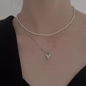 더블 레이어드 진주 하트 목걸이 2종세트