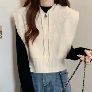 여성 캐주얼 데일리 니트 후드 레이어드 집업 베스트