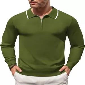 COOFANDY 남성 니트 폴로 셔츠 긴 소매 쿼터 집 스웨터 캐주얼 골프 빈티지 스트라이프 칼라