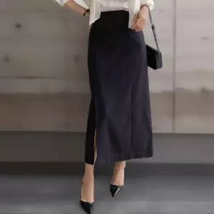 [신상오픈런]여성 가을 하객 패션 드뮤어 줄무늬 슬릿 롱스커트 (40854855)