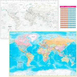 NOWMAP 아쿠아쉴드 양면 세계 지도 방수 포스터 24시간 x 36w 대형 벽 장식 - (핀 스티커 포함)
