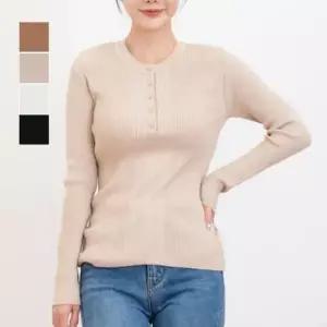 [의류] 여자 골지 스타일 앞 단추 포인트 라운드넥 니트티