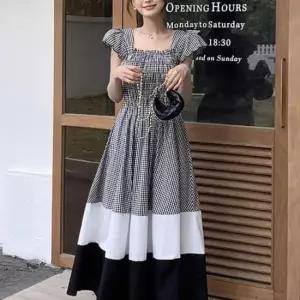 [의류] 체크패턴 플레어스커트 A라인 배색 투톤 외출 원피스