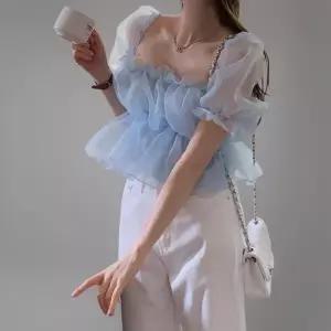 [신상오픈런]여성 시스루 프릴 블라우스 오간자 벌룬 스타일 (35401912)