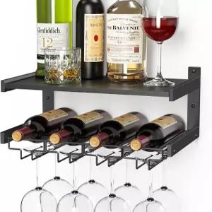 B4Life 와인 랙 벽에 장착된 스템웨어 행거 유리 홀더 산업용 벽용 유리병 선반 수납장이 있는 플로팅 바