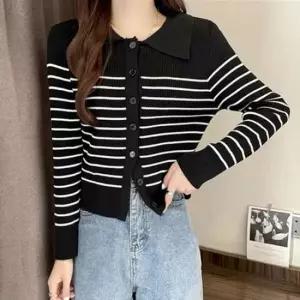[옷은날개] 가디건 스트라이프 카라 사무실 2컬러 긴팔 골지 니트