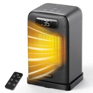 실내용 FLANUR 스페이스 히터, 리모컨, 온도 조절기, LED 디스플레이, 과열 및 팁 오버 보호 기능이 있는 1500W 소형 데스크 히터 2-in-1, 12시간 타이머, 사무실용 70 진동 히터(블랙, 1팩)