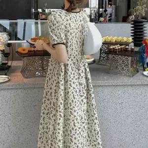 빅사이즈반팔원피스 여성용 여름 코튼 플라워 프린트 롱 반팔 원피스 스퀘어넥 디자인