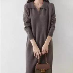 빅사이즈 여성용 루즈핏 긴팔 카라 니트 원피스 롱 데일리 간절기 드레스