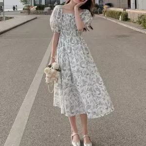 셔링원피스 플라워패턴 스퀘어넥 셔링 퍼프 스모크밴딩 롱원피스