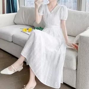 소매펀칭 여자 롱원피스 퍼프소매 펀칭 화이트