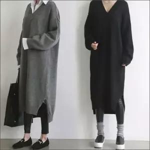 샤틴원피스 롱원피스 v넥 니트 원피스 루즈핏 데일리 울혼방 겨울 여자