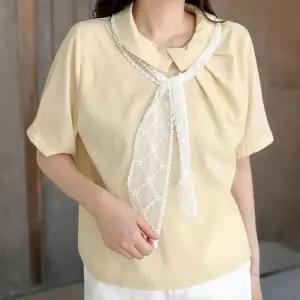 [신상오픈런]여성 여리핏 레이스 카라 반팔 블라우스 물결 스카프 (37710963)