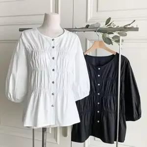 [신상오픈런]여성용 기본 핀턱 셔링 8부 코튼 블라우스 (37710906)