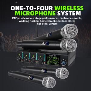 전문 무선 마이크 4채널 UHF 노래방 가정용 엔터테인먼트 공연용 다이나믹 핸드헬드
