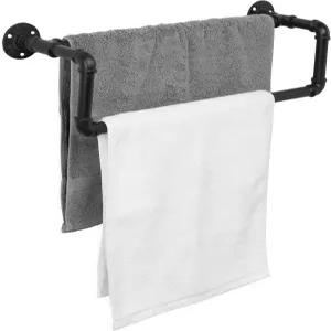 MyGift 욕실 장식용 더블 타월 바 블랙 행거 금속 2단 디자인의 목욕 벽 장착 기구 파이프 매트 산업용 랙